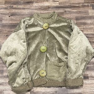 Vintage Boho Velvet Shacket Jacket Oversized Buttons Olive Large
